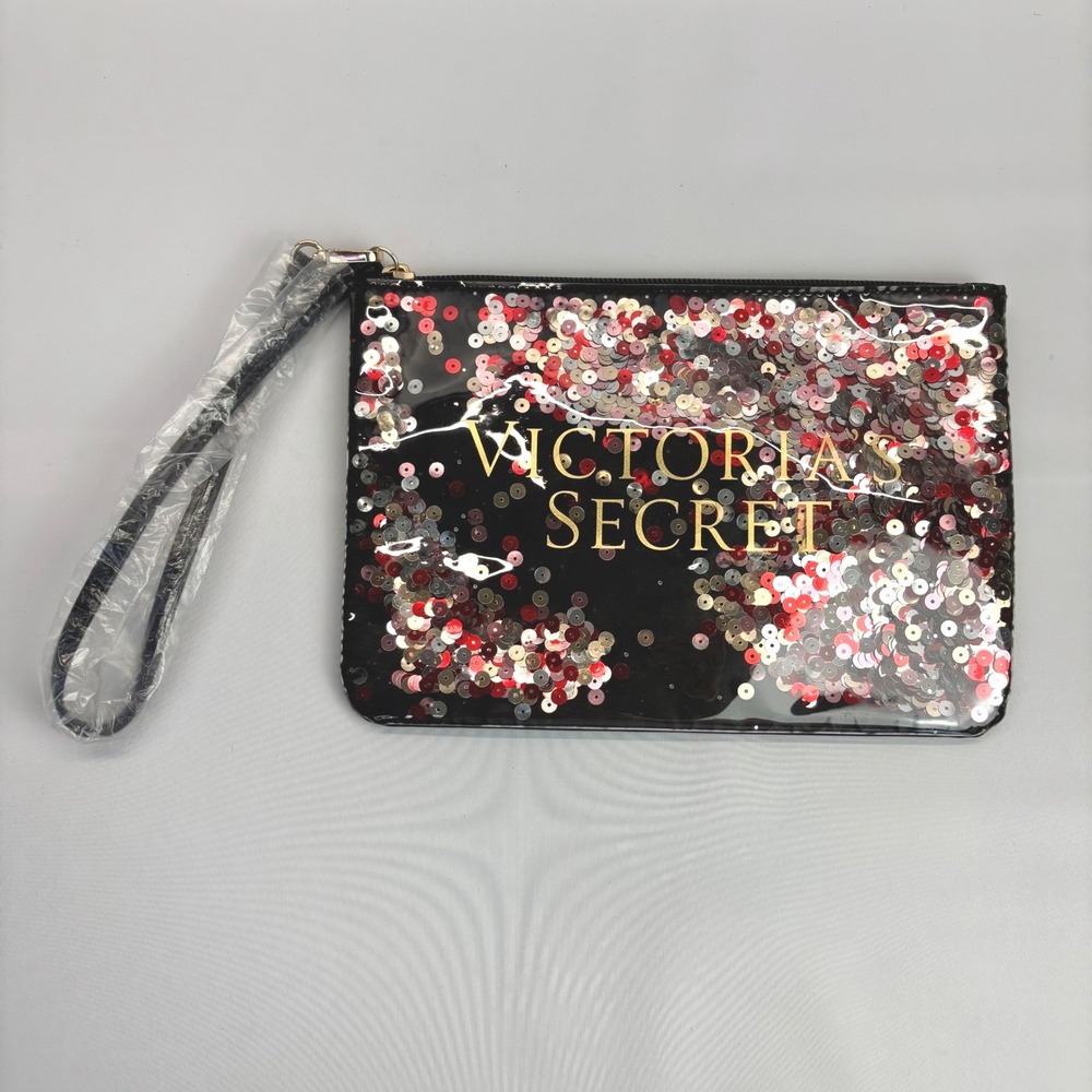 Victoria's Secret Sequined Wristlet Clutch Bag Black Gold Red NWOT Makeup Bag‎